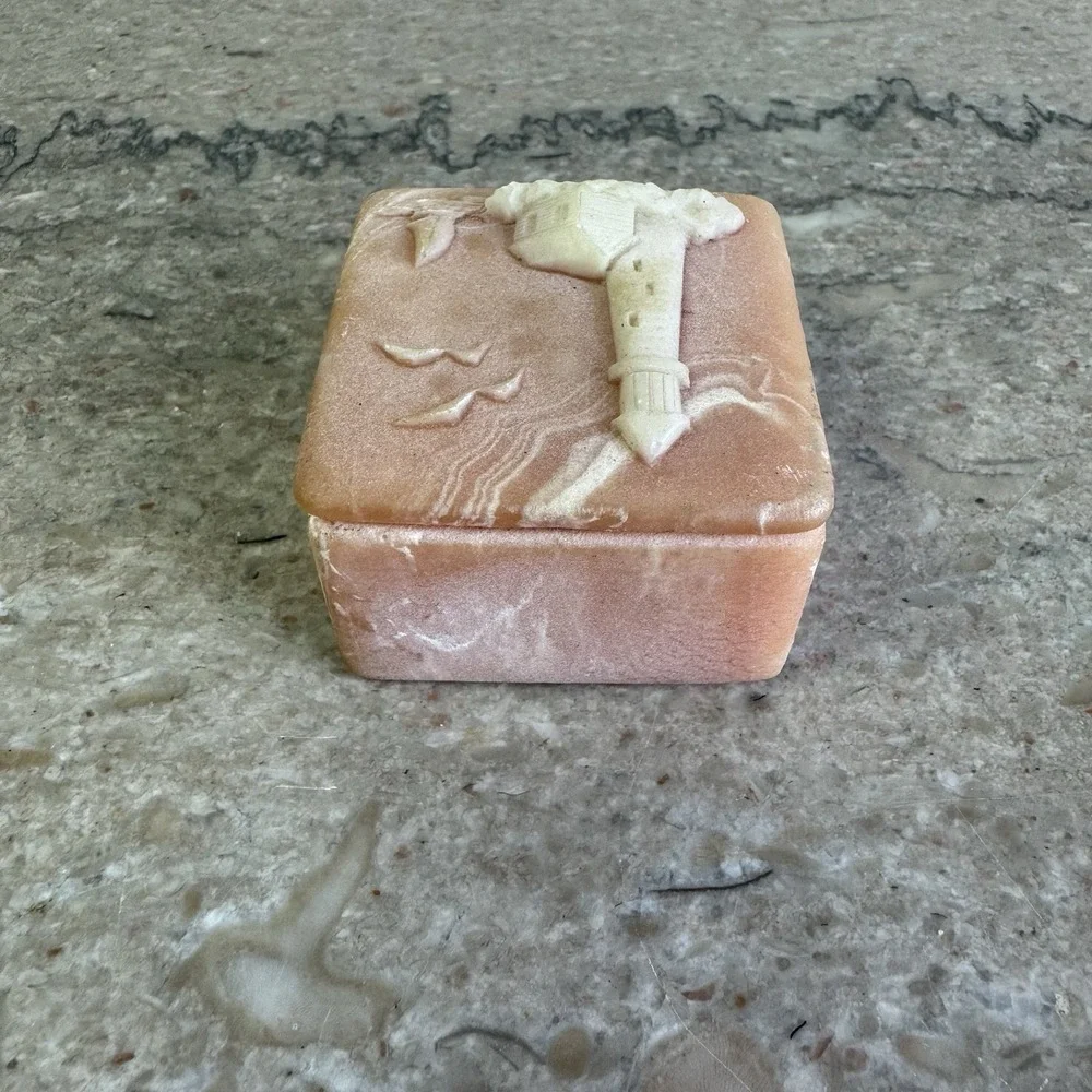 VTG Incolay Stone Jewelry Trinket Box W/ Lighthouse And Sailboat Pink Soapstone